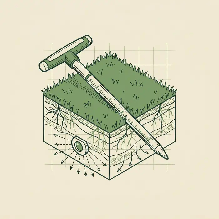 Small illustrated vignette of a light-and-soil reading instrument resting on a patch of turf, a faint plan-line grid beneath, stylized, not a photograph